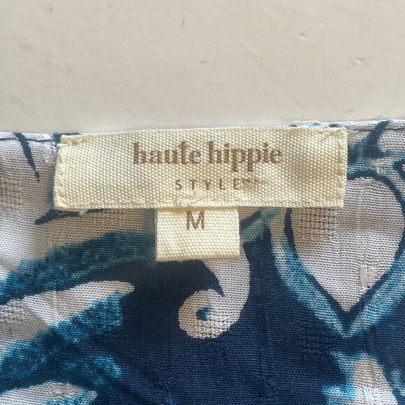 Haute Hippie V-Neck Smocked Top Womens Medium Blue White Boho Damask Blouse - Picture 5 of 9